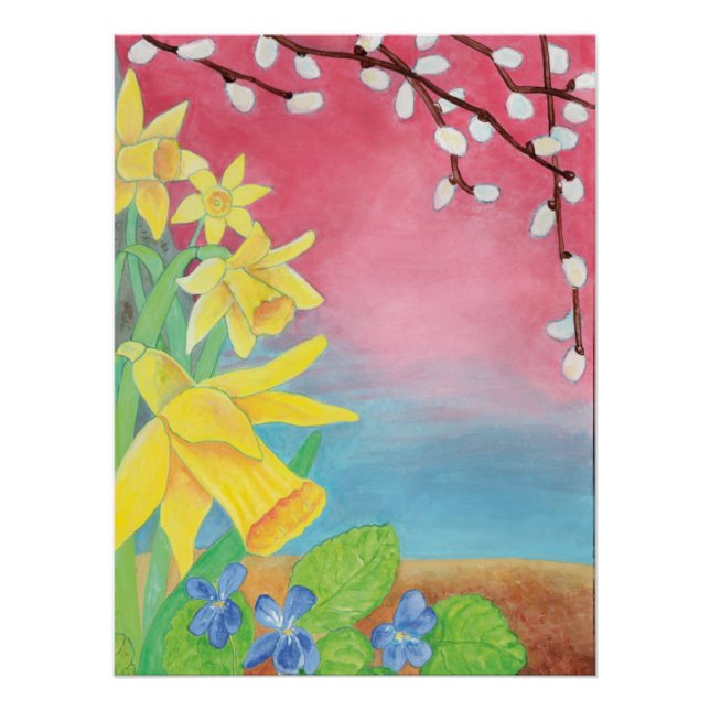 Póster Daffodils, violetas selvagens e salgueiro-pussy (Frente)