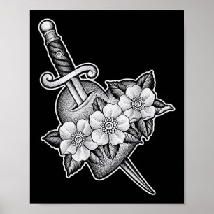 Poster Dagger Through Heart X Flowers Blackwork Tattoo Fl