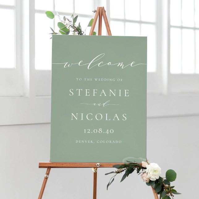 Poster Daison Script Sage Green Wedding Bem-vindo (Customizable sage green minimalist script wedding welcome sign)