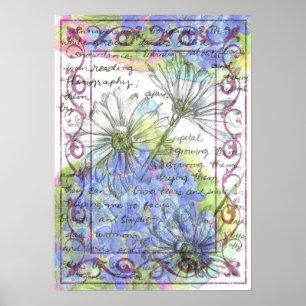 Poster Daisy Blue Hydrangea Watercolor Flowers