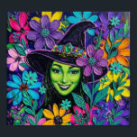 Poster DaisyGemWitch<br><div class="desc">Vibrant witch painterly,  smiling green-faced sorceress in a jeweled black hat surrounded by lush,  multicolored flowers and whimsical botanical details.</div>