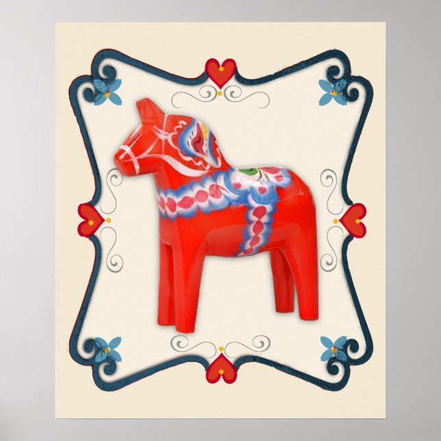 Póster Dala Horse Folk Art em Sueco (Frente)