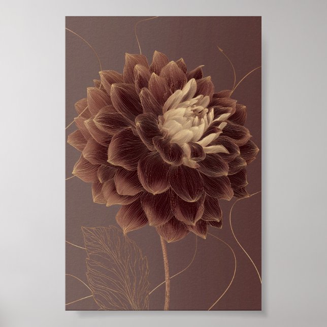 Poster Dália Botânica Flor Marrom Dourada (Frente)