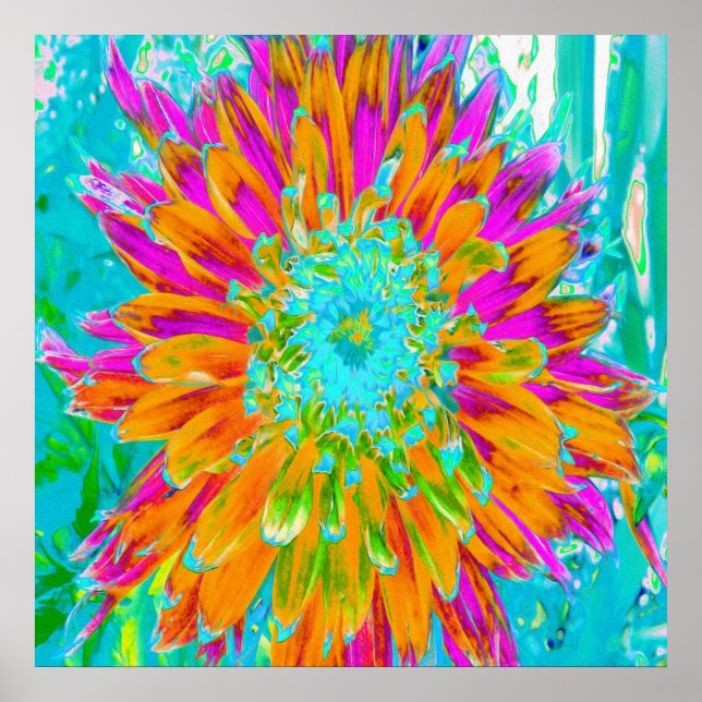 Poster Dália Decorativa Laranja Tropical e Rosa Quente (Frente)