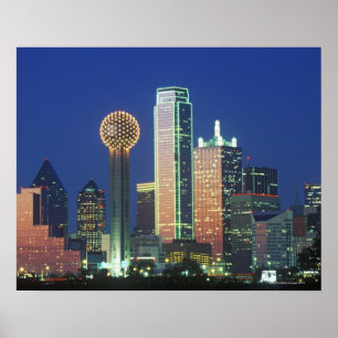 Póster 'Dallas, skyline de TX na noite com reunião Tower