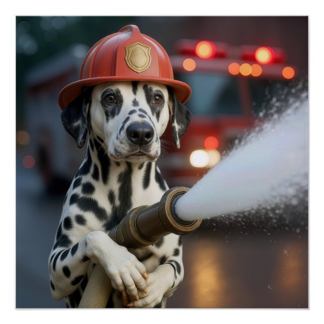 Póster Dalmatian Dog With a Fire Hose (Frente)