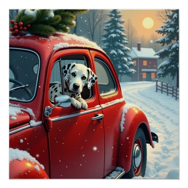 Póster Dalmatian Snowy Car Ride Christmas Painting (Frente)