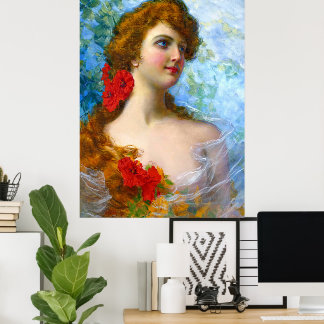 Poster Dama Antiga Com Flores Vermelhas E Laranjas