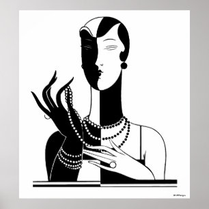 Poster Dama Art Déco Vintage com Pérolas Preto Transp