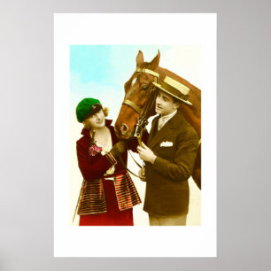 Póster Dama, cavalheiro e cavalo vintage