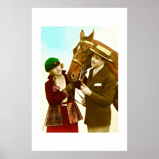 Póster Dama, cavalheiro e cavalo vintage (Frente)