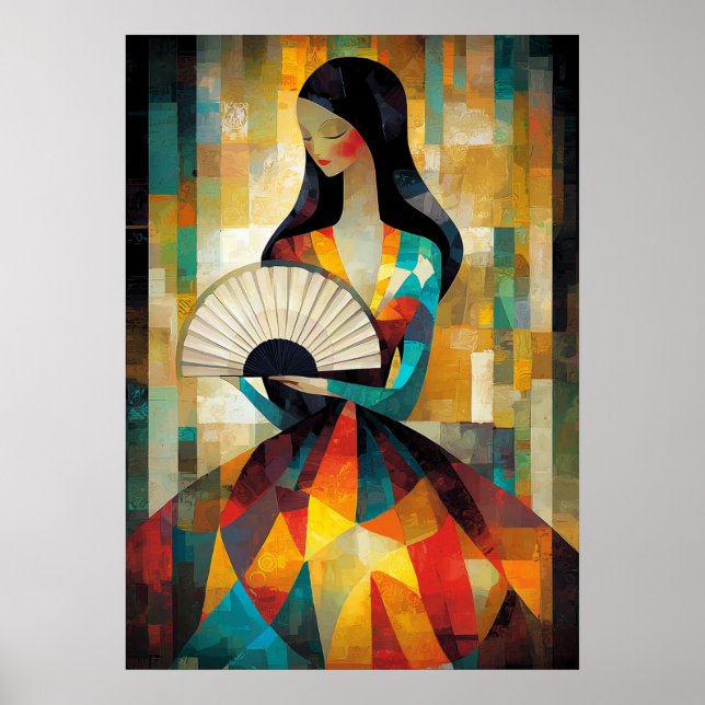 Poster Dama com um Leque - Obra-prima cubista inspirada (Frente)