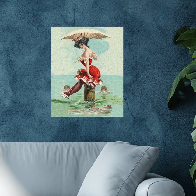 Póster Dama da beleza do banho vitoriano vintage Oceano (Victorian lady in red bathing suit with parasol on stump in ocen surrounded by admirers on poster.)
