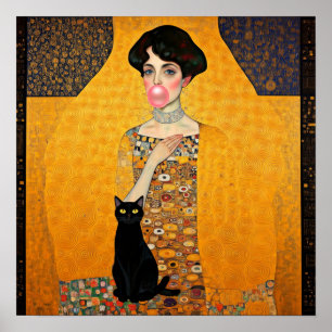 Poster Dama de Bala de Goma Rosa com Gato Preto Gustav Kl