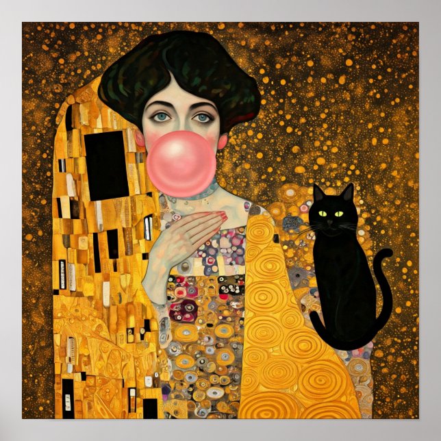 Poster Dama de Chiclete Rosa com Gato Preto Gustav Klimt (Frente)