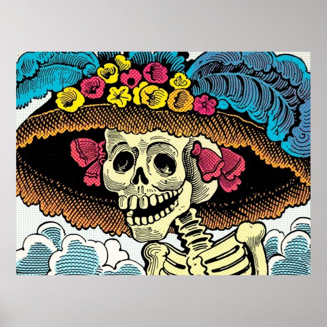 Poster Dama de Crânio Açucarado com Chapéu Floral Pop Art (Frente)