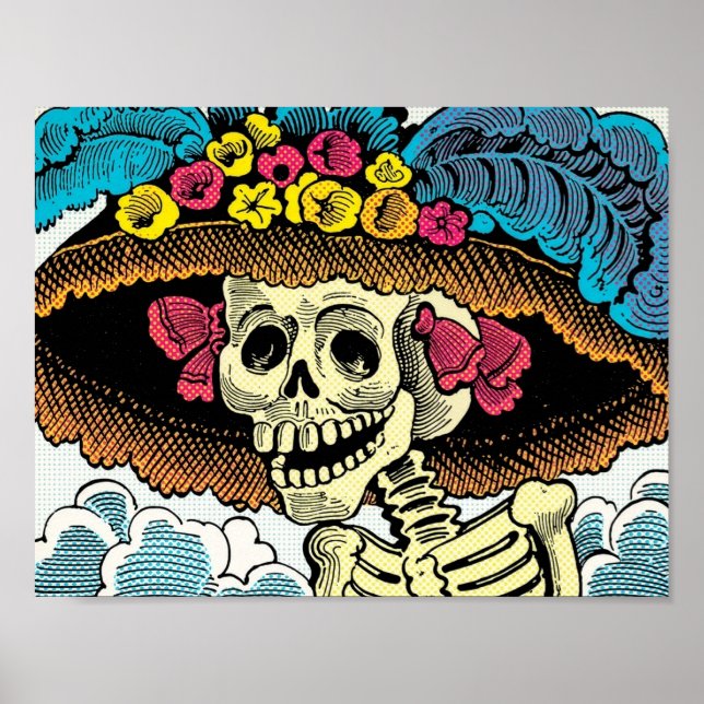 Poster Dama de Crânio Açucarado com Chapéu Floral Pop Art (Frente)