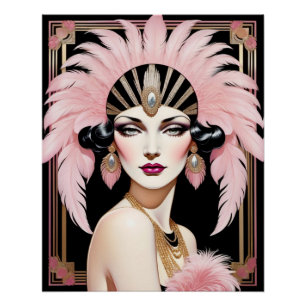 Póster Dama de Deco de Arte com Vestido de Cabeça de Pena