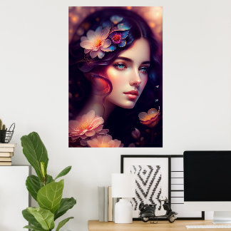 Poster Dama Elegante Com Flores Laranja Rosa Azul
