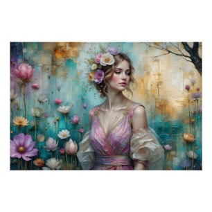 Póster Dama em rosa, paisagem floral texturizada em tília