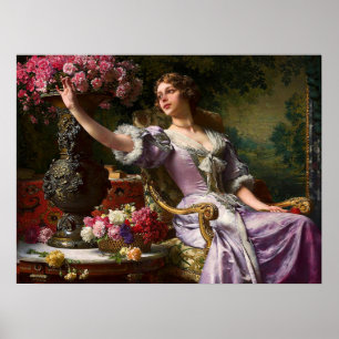 Poster Dama Vintage Em Vestido Lilíaco Rosa E Rosa vermel