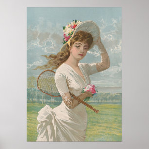 Poster Dama Vitoriana do Tênis com Chapéu Florido Antigo