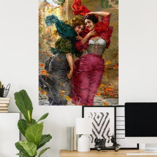 Poster Damas Antigas em Vermelho Azul Verde