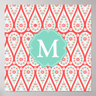 Poster Damasco elegante moderno Paisley coral