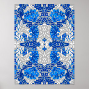 Poster Damasco Floral, Azul Sapphire e Cinzas