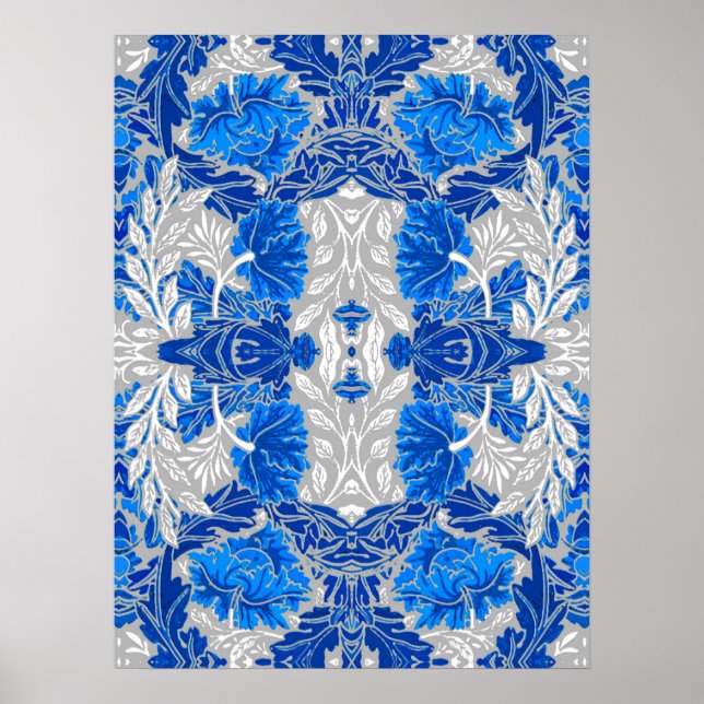 Poster Damasco Floral, Azul Sapphire e Cinzas (Frente)