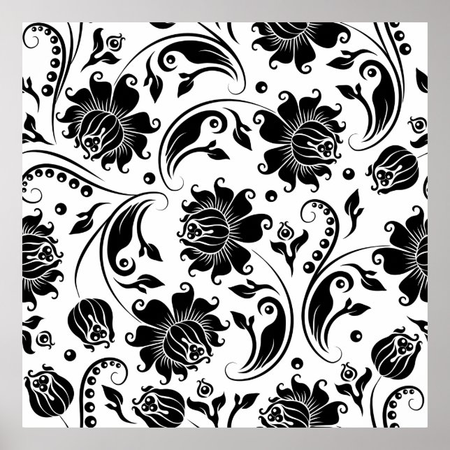 Poster Damasco floral preto e branco (Frente)