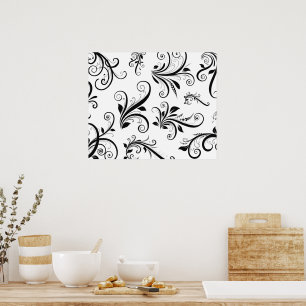 Póster Damasco, Ornaments, Swirls - Branco Preto