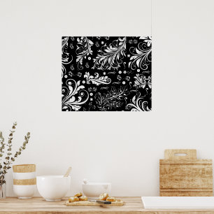 Poster Damasco, Ornaments, Swirls - Branco Preto