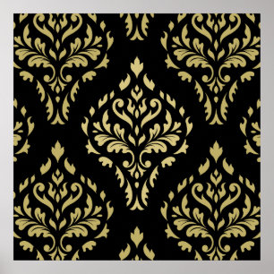 Poster Damask Leafy Barroco Padrão Negro e Golds