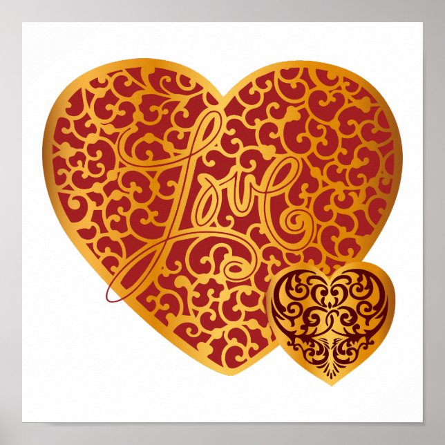 Poster Damask Ouro Love Red Heart (Frente)