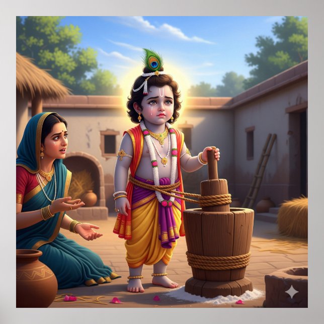 Poster Damodara Bala Krishna Tradicional Azul Sagrado (Frente)