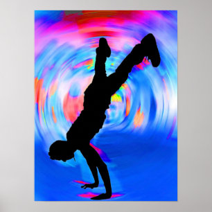Póster Dança da rua, silhueta, azuis/vermelhos/máscaras