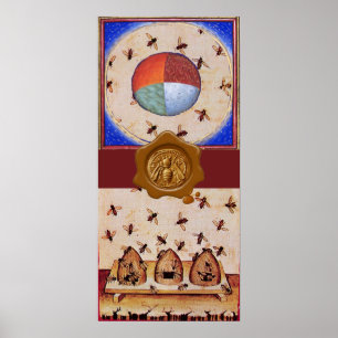 Póster DANÇA DAS ABELHAS DE MEL COM 4 ELEMENTOS, Selo De