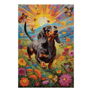 Póster Dança Whimsical Dachshund e Butterfly