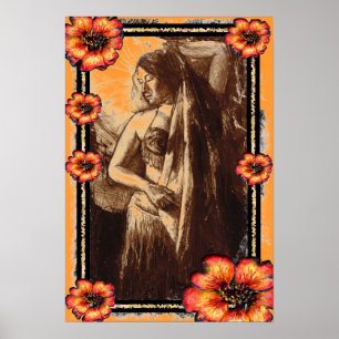 Póster Dançarina de Belly com Flores Vermelhas