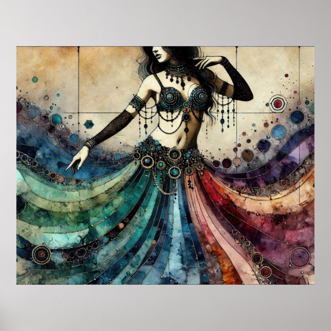 Poster Dançarina do Ventre Elegante com Fantasia Fluida d (Frente)
