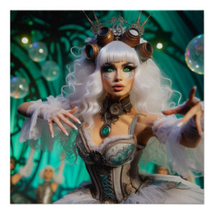 Póster Dançarina Steampunk Vitoriana Futurista Verde