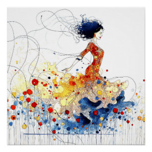 Póster Dançarino de Flamenco em Movimento Multicolorido F