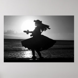 Póster Dançarino Hula Negro e Branco Havaiano