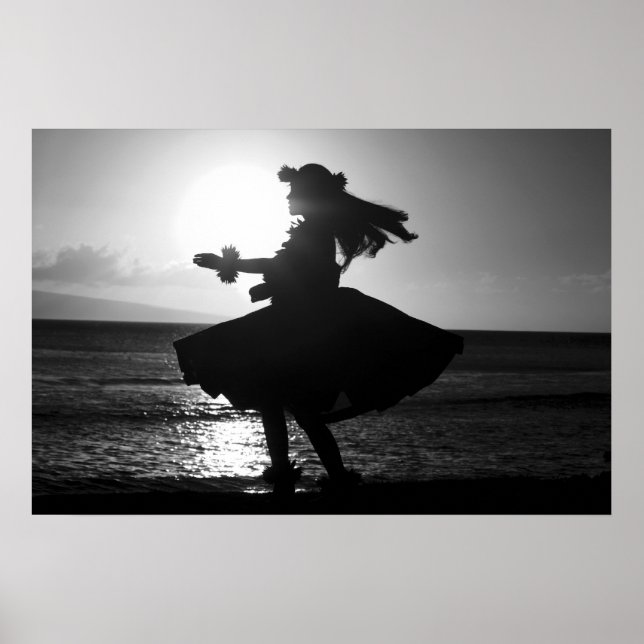 Póster Dançarino Hula Negro e Branco Havaiano (Frente)