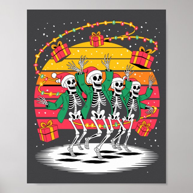 Poster Dancing Skeletons With Santa Hats Christmas Lights (Frente)