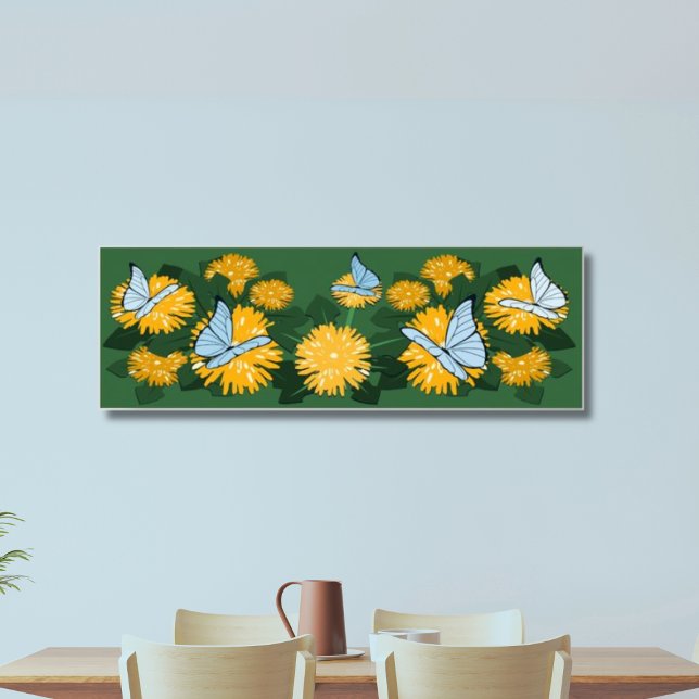 Poster Dandelion Bed & Butterflies Amarelo & Verde (Dandelion & Butterflies, Yellow & Green Art)