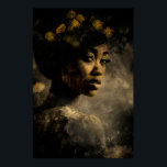 Poster Dandelion Crown Melanin Glow Portrait<br><div class="desc">Golden light caresses rich brown skin, illuminating sculpted cheekbones, glossy lips, and soulful dark eyes beneath a voluminous natural afro adorned with delicate yellow dandelions and their feathery seeds. The wildflowers form an organic crown that feels alive and symbolic—growth emerging from within, fragility turned into strength, renewal woven into identity....</div>