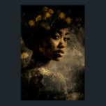 Poster Dandelion Crown Melanin Glow Portrait<br><div class="desc">Golden light caresses rich brown skin, illuminating sculpted cheekbones, glossy lips, and soulful dark eyes beneath a voluminous natural afro adorned with delicate yellow dandelions and their feathery seeds. The wildflowers form an organic crown that feels alive and symbolic—growth emerging from within, fragility turned into strength, renewal woven into identity....</div>