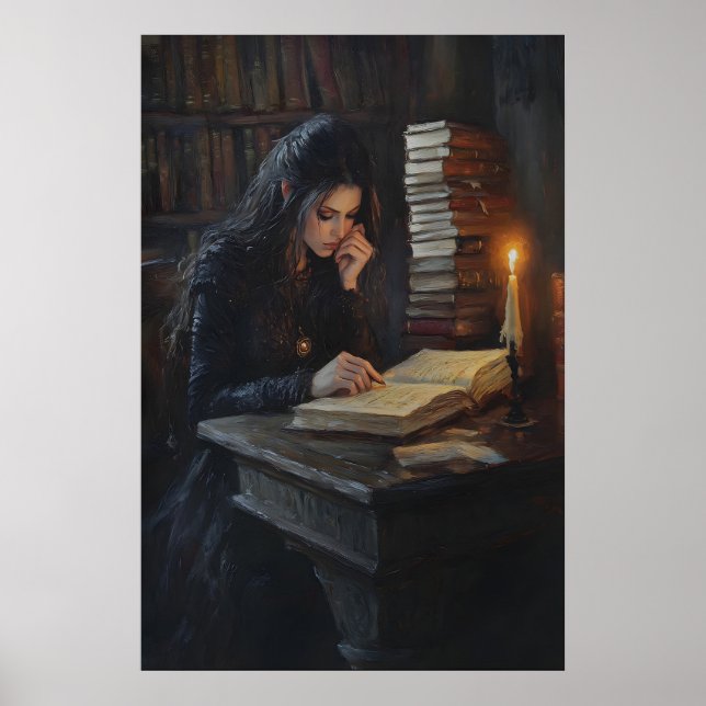 Poster Dark Academia Girl Reading Art Gothic Library Cand (Frente)